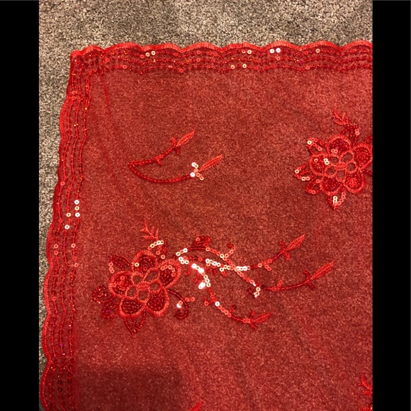 Embroidered Embellished Sequins  Paillettes Scarf Shawl 40,5 x40,5 Chic red mesh - Picture 4 of 13